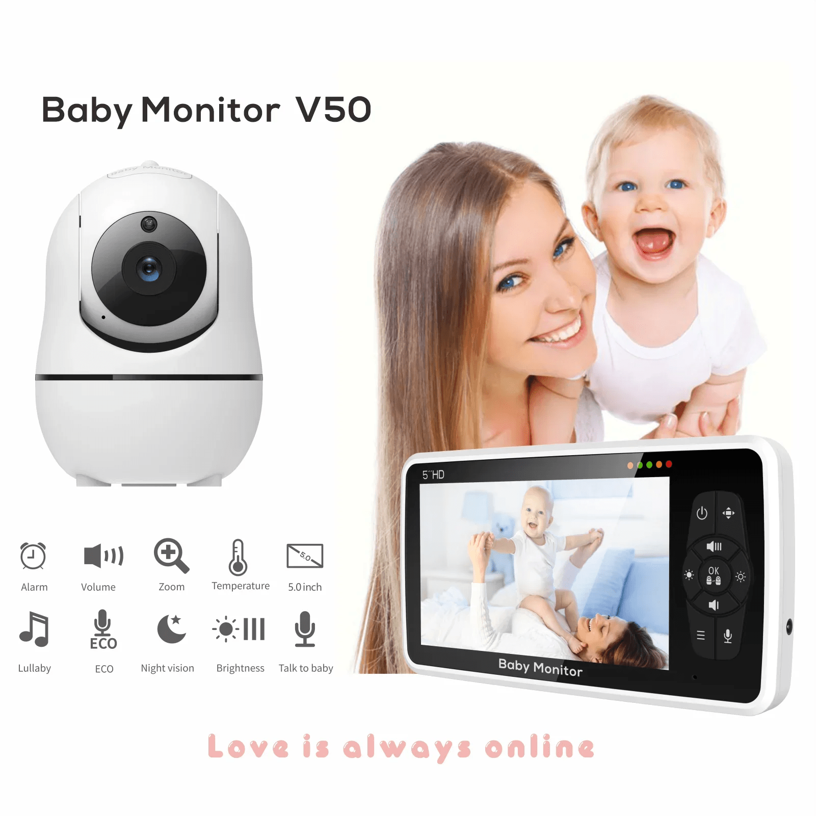 New 5 inch Video Baby Monitor with Camera and Audio, 4X Zoom, 22Hrs Battery, 1000ft Range 2 - Way Audio Temperature Sensor Lullaby - Corvaine