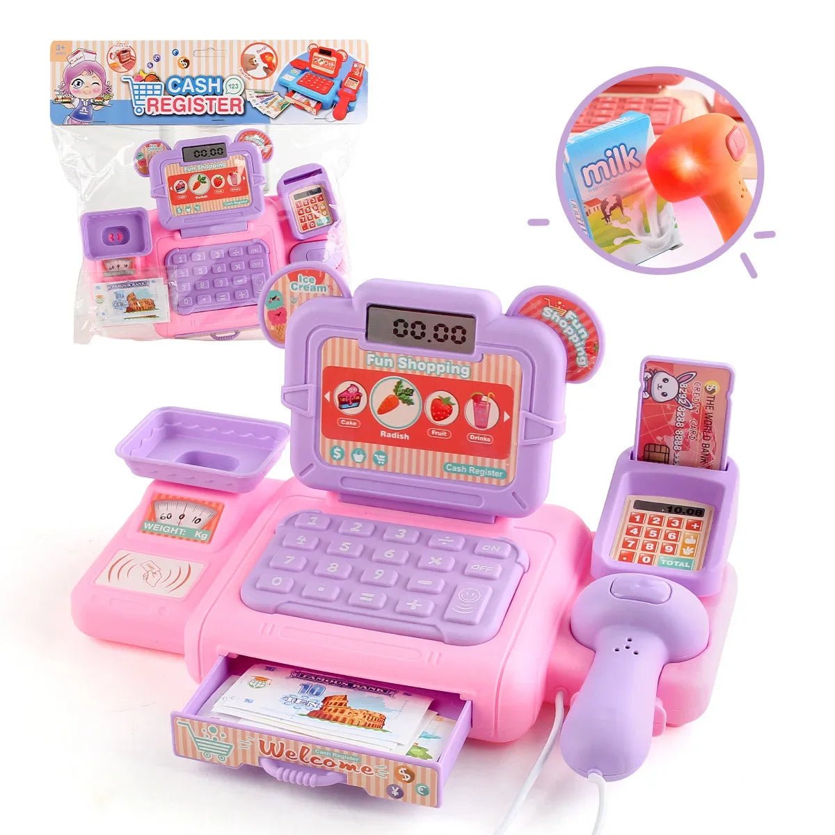 Corvaine Electronic Cash Register Toy with Scanner Lights and Sounds Pretend Play Supermarket Cashier for Kids Ages 3 and Up - Corvaine