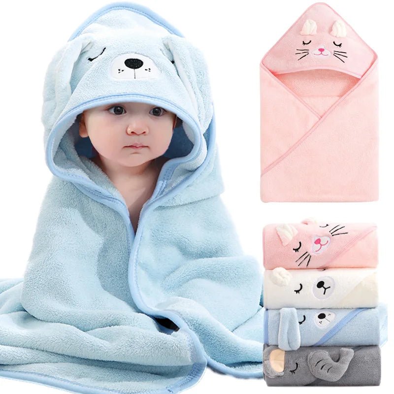Corvaine Hooded Baby Bath Towel with Cute Animal Ears Soft Coral Fleece Wrap Blanket for Newborns and Toddlers Ages 0 to 3 Years - Corvaine