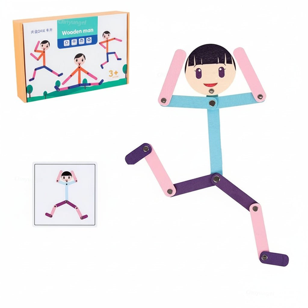 Corvaine Montessori Stick Figure Puzzle Board with 24 Challenge Cards Teaches Body Movement and Joints for Kids Ages 3 to 6 Years - Corvaine