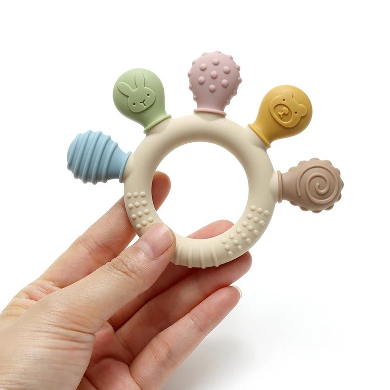 Corvaine Silicone Ring Teether Multi Texture Chew Beads Soothes Sore Gums Sensory Toy for Babies 0 to 12 Months Teething Relief - Corvaine